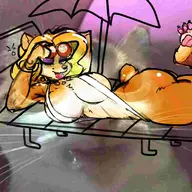 1girl artist:stupidretard bikini blonde_hair cat crash_bandicoot_(series) crash_team_racing eye_shadow furry isabella_bandicoot laying_down shitpost sling_bikini sunglasses umbrella // 2048x2048 // 92KB
