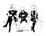 1boy 2girls 3ds a2 cleavage_cutout nier nier_automata playing_games video_games yorha_no._2_type_b yorha_no._9_type_s yorha_type_a_no._2 // 888x700 // 109KB