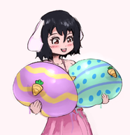 1girl amber_eyes artist:unknown black_hair body_paint breast_grab breasts bunny_girl colored easter gigantic_breasts grabbing_own_breasts huge_breasts pale_skin pasties short_hair tewi tewi_inaba touhou // 1127x1166 // 687KB