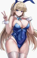 1girl artist:edboydraws blonde_hair blue_archive blue_eyes breasts bunny_suit cleavage leotard long_hair peace_sign thigh_highs toki // 2920x4624 // 1.1MB