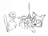 1boy 1girl all_fours artist:unknown bat blindfold dandy's_world hanging imminent_death looking_at_partner looking_back monochrome piñata scared sketch smile smiling yatta // 400x300 // 51KB