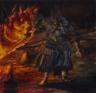 1boy artist:inkguy dark_souls fire gwyn gwyn_lord_of_cinder looking_at_viewer solo sword traditional_medium // 1250x1220 // 1.7MB