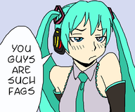 1girl artist:gusgux blue_eyes blue_hair detatched_sleeves frown hatsune_miku headphones miku parody simple_background text tie twintails vocaloid you_guys_are_such_fags // 730x610 // 24KB