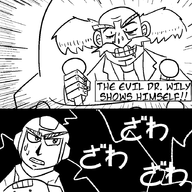 2boys artist:mapache comic dr._wily japanese mega_man mega_man_(series) monochrome mustache parody robot robot_boy text // 900x900 // 40KB