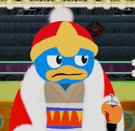 1boy background bandana_waddle_dee black_eyes colored cup drink hat king_dedede kirby_(series) kirby_super_star_ultra parody waddle_dee // 835x813 // 420KB