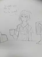 1boy apron cup granblue_fantasy sandalphon short_hair sketch speech_bubble starbucks text // 2976x3968 // 1.3MB