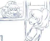 2girls artist:aipiepo blizzaria bow eyes_closed food freezer fridge fubukihime fumika_kodama katie_forester ponytail sketch smile text yo-kai_watch // 800x663 // 241KB