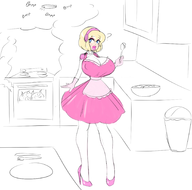 aigis apron artist:sealguy bimbo colored cooking fire housewife huge_breasts persona_(series) persona_3 shin_megami_tensei // 1790x1773 // 668KB