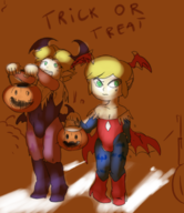 2boys blonde_hair bulge colored cosplay costume crossdressing darkstalkers green_eyes jack-o'-lantern lilith lilith_aensland link morrigan_aensland mspaint ocarina_of_time pumpkin text the_legend_of_zelda toon_link trick_or_treat // 648x750 // 355KB