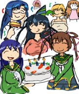 akiyama_rinko artist:lunaticsoda asuka_koukawa birthday black_eyes blonde_hair blue_hair blush brown_hair cake colored dark_skin eyes_closed food glasses hat igawa_asagi ingrid mizuki_yukikaze orange_hair party_hat party_horn pink_hair // 1846x2187 // 242KB