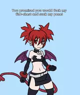 1girl artist:goseb90 boots bulge colored disgaea earrings elbow_gloves etna futanari gloves pointy_ears red_eyes red_hair skirt tail text thigh_high_boots twintails wings // 1238x1477 // 311KB
