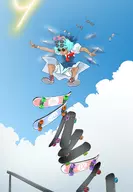 1girl artist:bishopbb bloomers blue_hair bow bracelet cirno colored fairy shades short_hair sign_of_the_horns skateboard sneakers sunglasses tan tanned_cirno touhou wings // 1200x1735 // 297KB