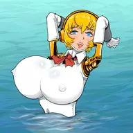 1girl aigis alternate_breast_size artist:bishopbb bimbo blonde_hair blue_eyes colored huge_breasts lipstick nipples persona persona_(series) persona_3 shin_megami_tensei short_hair water // 1600x1600 // 432KB