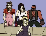 2boys 2girls aerith_gainsborough artist:goseb90 barret_wallace black black_hair blonde_hair blue_eyes brown_eyes brown_hair cloud_strife colored couch crossdressing dark_skin earrings final_fantasy final_fantasy_vii long_hair parody shades // 563x442 // 160KB