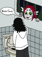 1boy 1girl argelia_armuntela ariral artist:bonitanon bathroom bow compliment pee peeing spying text voices_of_the_void // 574x768 // 190KB