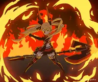 1girl alternate_costume armor artist:onion_jigoku axe blonde_hair blue_eyes colored eye_patch eyepatch fire little_noah noah solo twintails weapon // 2556x2160 // 3.5MB