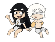 1boy 1girl artist:jacinth bandages black_eyes black_hair blind_prince blindfold liar_princess long_hair one-piece_swimsuit sharp_teeth short_hair swim_trunks swimsuit the_liar_princess_and_the_blind_prince // 2617x2009 // 663KB