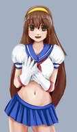 1girl artist:aikun2012 brown_eyes brown_hair colored gloves happy headband long_hair mari school_uniform skirt smile super_strip_fighter uniform // 635x1081 // 446KB