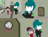 3girls bell blue_eyes blue_hair bow colored dialogue dress employee grey_hair laetitia lobotomy_corporation magical_girl ponytail red_eyes red_hair suit text the_queen_of_hatred tie twintails yellow_eyes // 3429x2646 // 1.6MB