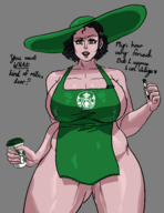 1girl alcina_dimitrescu artist:berlubbits breast_milk huge_breasts naked_apron resident_evil resident_evil_village starbucks text // 2550x3300 // 564KB