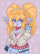 1girl artist:2x bandaid blush breasts cleavage colored earrings fang garter_belt gyaru hand_gesture holding_object huge_breasts league_of_legends looking_to_the_side miniskirt object phone poppy ring skirt thigh_strap tongue tongue_out yordle // 447x600 // 83KB