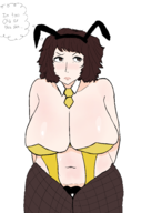 1girl artist:unknown brown_hair bunny_suit hosiery huge_breasts persona persona_5 reverse_bunnysuit sadayo_kawakami text thick // 5000x7000 // 3.2MB