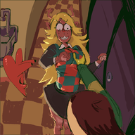 1boy 1girl anthro artist:unknown awooga breast_grab breasts colored deltarune eyes furry huge_breasts kris noelle_holiday shocked skirt springy_eyes surprised // 1026x1026 // 453KB