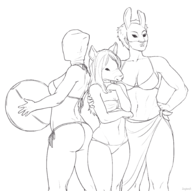 3girls artist:dmgboost ball beach_ball bikini dead_by_daylight lineart mask short_hair the_huntress the_nurse the_pig // 1832x1824 // 673KB