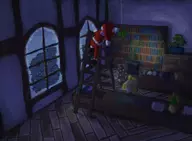 1girl animal_crossing bookshelf christmas colored computer desk eyes_closed hat isabelle ladder mayor mistletoe monitor night office santa_hat santa_outfit sleep villager window zzz // 1465x1073 // 1.4MB