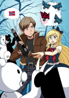 1boy 1girl artist:tsuchihara danganronpa gun leon_s._kennedy monokuma resident_evil sonia_nevermind // 1240x1754 // 819KB
