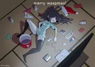 1girl alchohol artist:onion_jigoku christmas console drink food oc sleeping solo underpants waspgirl wip_game // 3508x2480 // 3.5MB