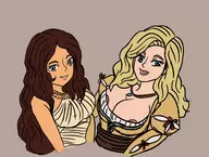 2girls areola_slip artist:goseb90 blonde_hair blue_eyes brown_hair colored dragon's_dogma grey_eyes long_hair madeleine quina smile wip // 1454x1095 // 441KB