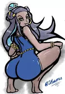 1girl artist:syamiartist ass black black_hair blue_eyes dark_skin nessa pokemon pokemon_swsh squat swimsuit tongue_out // 1366x1963 // 650KB