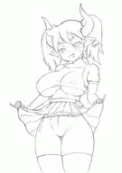 1girl ape_escape artist:nininho bell blush cowbell draph drool ear_tag horns pointy_ears skirt_lift spats sweat text traditional_medium twintails underboob wip yumi // 1251x1774 // 254KB