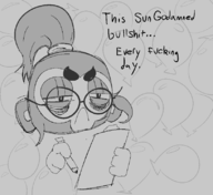 1girl angry artist:unknown balloons bloons bloons_td_6 eye_bags glasses greyscale holding monochrome paper patch sketch text tired // 812x745 // 40KB