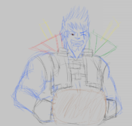 1boy artist:shock1ng_blue doodle drool food meat muscles rex scar xenoblade // 608x578 // 161KB