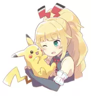 1girl colored dengekiko hugging hyperdimension_neptunia pikachu pokemon ponytail smile // 945x1000 // 139KB
