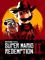 1boy angry artist:pickleparfait black_eyes colored cover cowboy gun hat mario mario_party mario_party_2 mustache parody red_dead_redemption_2 red_dead_redemption_ii star starman super_mario text weapon yoshi // 1500x2000 // 2.6MB