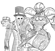 1girl 2boys artist:scorndude cacodemon coat dark_samus doom dress metroid metroid_prime scorn scorn_guy top_hat // 1877x1750 // 1.8MB