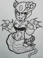 1girl artist:unknown blush breasts cat_girl cleavage looking_at_viewer medium_breasts mega_man_(series) mega_man_9 monochrome navel paws splash_woman traditional_medium tummy // 844x1145 // 320KB