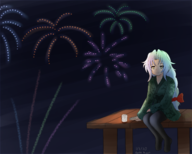 100_orange_juice 1girl blue_hair bow braid colored cup fireworks kimono night rookie_nugget sitting star_breaker // 1500x1200 // 804KB