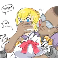 1boy 1girl aigis artist:bishopbb bdf black blonde_hair blue_eyes bow brown_hair dark_skin dialogue glasses persona persona_(series) persona_3 short_hair speech_bubble text // 1600x1600 // 443KB