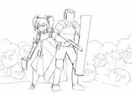 1boy 1girl crossover enforcer etrian_odyssey etrian_odyssey_iv f.o.e female fortress lineart monochrome risk_of_rain shield // 1900x1348 // 229KB