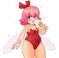 1girl artist:2x blush chubby colored eating fairy food ice_cream kirby_(series) kirby_64_the_crystal_shards one_piece_swimsuit open_mouth ribbon sweat sweating swimsuit tongue_out tummy // 2132x2100 // 2.1MB
