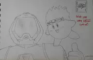 artist:anongmous crossover doom doom_guy doomguy kirby kirby_(series) postcard text thumbs_up traditional_medium // 2735x1765 // 1.2MB