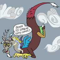 1boy 1girl clouds colored discord dragon flying friendship_is_magic louisa_ferre my_little_pony smt strange_journey text // 2000x2000 // 538KB