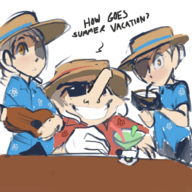 artist:justdavefnd caroline colored drink eyepatch hat igor justine persona_(series) persona_5 shin_megami_tensei summer // 1000x1000 // 724KB