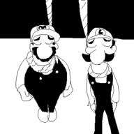 2boys artist:2hufag hanging hat luigi mario monochrome mustache noose rope super_mario // 400x400 // 14KB