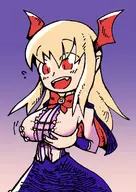 1girl alternate_breast_size artist:setz blonde_hair colored fangs huge_breasts kind_queen_vania long_hair red_eyes shadowverse vania wings // 555x781 // 407KB