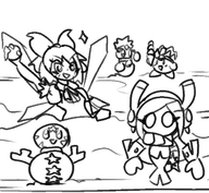 2girls artist:unknown cirno kirby kirby_(series) queen_of_v_2025 snowball snowman susie touhou // 650x600 // 127KB